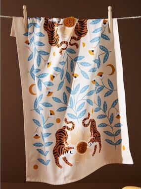 NWOT Anthropologie Le Tigre Printed CottonTea Dish Towel - Cream, Blue, Orange